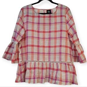 Bobeau plaid orange and pink and purple top, large